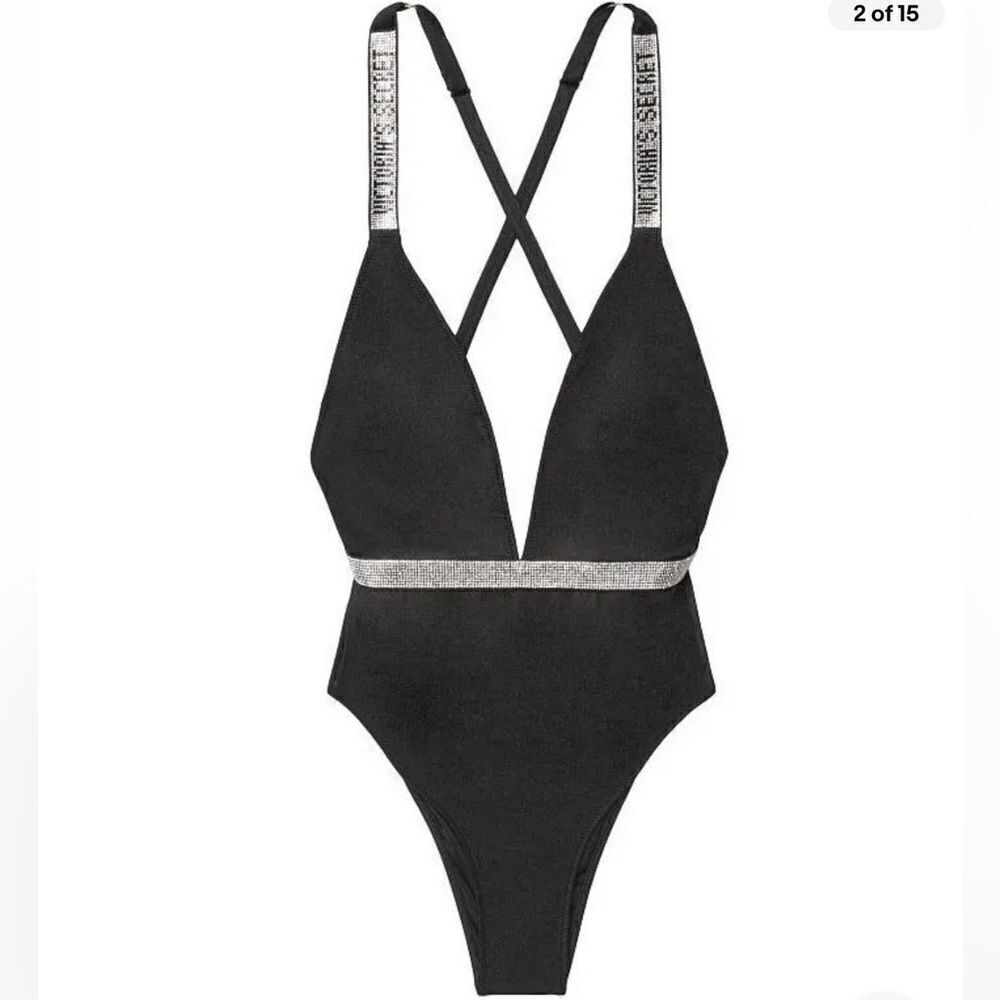 Victorias Secret Swim Bling Shine Strap Plunge One-piece Swimsuit Black